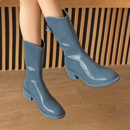 Autumn Winter New Boots Ladies Comfortable Square Heel Large Size Womens Shoes Female Fashion Belt Buckle Zipper Boots Mid Calf