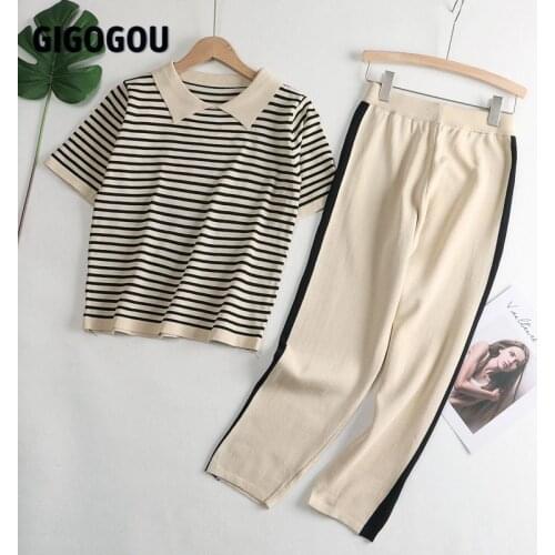 GIGOGOU Women Knitted Tracksuits 2 Pieces Sets Spring Summer Short Sleeve Women T Shirt + High Waist Capris Pencil Pants Suits