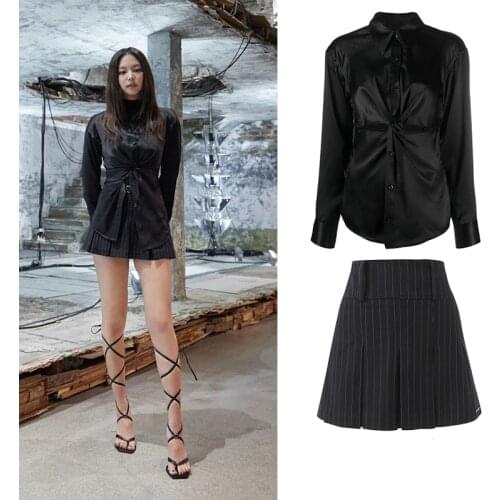 Kpop Korean Celebrity Black Temperament Slim Long Sleeve Satin Shirt Tops+Sexy Stripe High Waist Mini Skirt Women Two Piece Suit