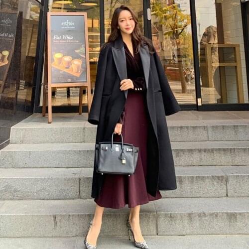 2021 Spring Over Knee Style Woolen Blended Coat Women Solid Turn-down Collar Long-sleeved Elegant Female Overcoat With Belt M500