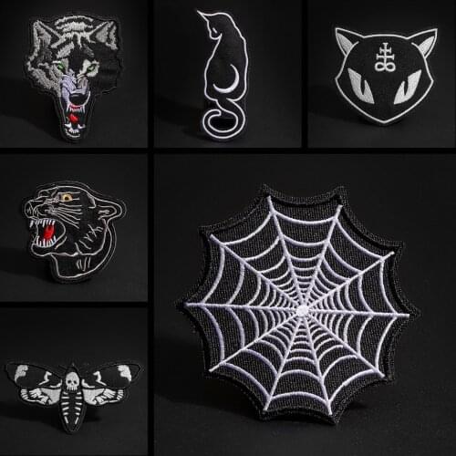 1PCS Black series Punk Wolf Leopard head Spider web Patches wholesale Animal Pokers Appliques Iron On Clothes Jeans Badges