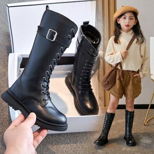 2021 New Zip Kids Leather Boots for Girls High Mid-Calf Martin Boots Autumn Winter Fashion Solid Colors Non-Slip Long Snow Boots