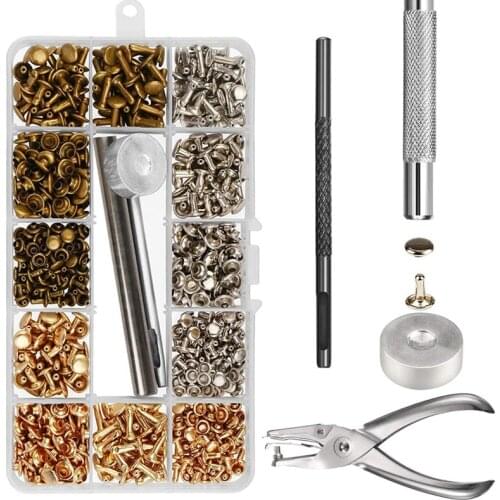 Promotion! 300 Sets Leather Rivets Double Cap Rivet Tubular Metal Studs with Punch Pliers Fixing Set Tools for DIY Leather Craft