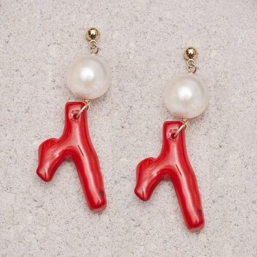 Boho Dangle Pendant Earrings Mujer Sea bamboo red coral AGUSTINE EARRING natural Freshwater baroque pearls earrings for women