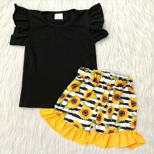 New arrival kids high quality summer flutter sleeve outfit girl black raglan shirt match sunflowers shorts set girl outfit