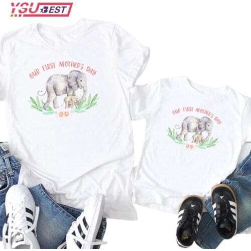 Cartoon Elephant Pattern T-Shirt Woman Loose Short Sleeve Tees Summer Vintage Mom and Daughter T-shirts Family Matching Clothes