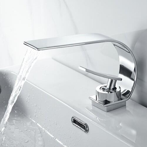 Chrome Basin Faucet Solid Brass Waterfall Bathroom Sink Faucet Big Round Spout Mixer Tap