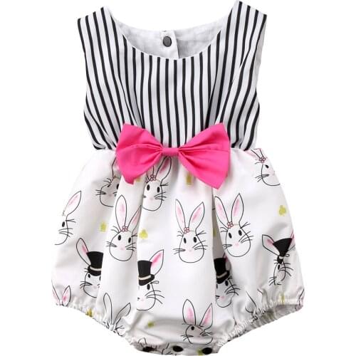 0-24M Baby Girls Bunny Bowknot Sleeveless Bodysuit Newborn Jumpsuit Kids Easter Outfit Clothes
