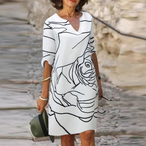 #L5 Half Sleeved V Neck Printed Loose Dress Womens Casual Vintage Spring Autumn All-match Plus Size Beach Dresses Vestidos