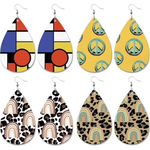 Mondrian Printed Leather Teardrop Dangle Drop Earrings for Women