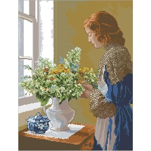 Girl arranging flowers patterns Counted Cross Stitch 11CT 14CT18CT DIY Chinese Cross Stitch Kits Embroidery Needlework Sets