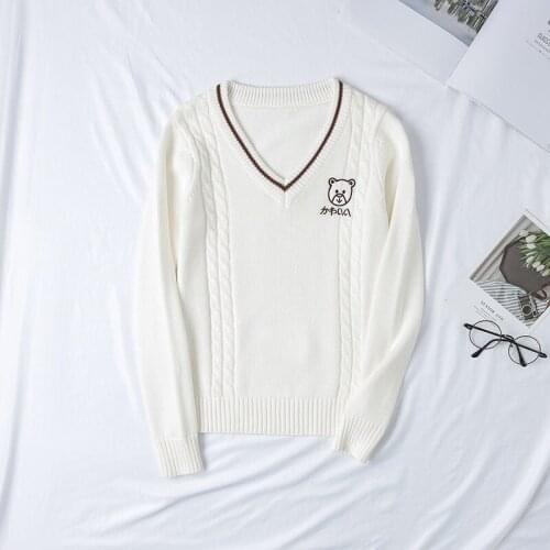 2019 New Japanese Embroidery Bear V-neck Jk School Uniforms Students Long Sleeve Cotton Sweater Unisex Soft Super Sweaters Coat