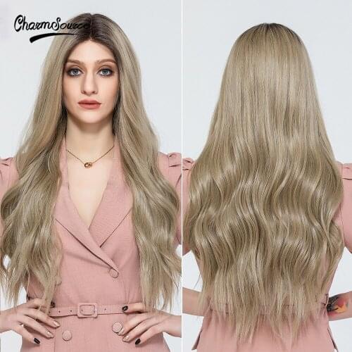 CharmSource Long Wavy Lace Part Synthetic Wigs Light Blonde for White Black Women Daily Hair High Density Heat Resistant Wig