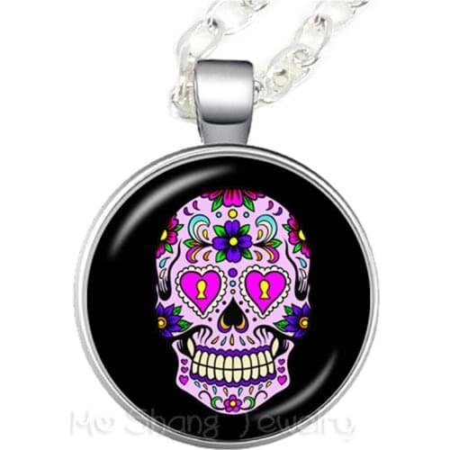 Pinkycolor Skeleton Glass Dome Time Gem Necklace Hot Sale Sweater chain Jewelry Day of the Dead Gifts
