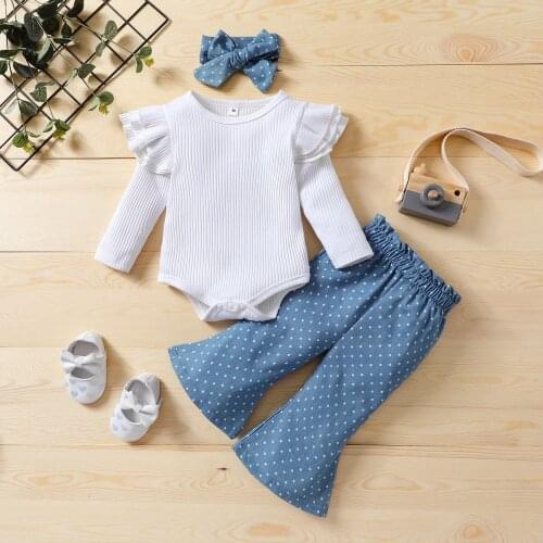 3 Pcs Newborn Casual Outfits Baby Girls Ribbed Fly Sleeve Round Neck Romper + Dot Print Flared Pants + Bowknot Headband