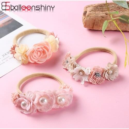 Balleenshiny Newborn Baby Lace Headbands Lovely Princess Headband Kawaii Accessories Pink Flower Pearl Nylon Stretch Headband