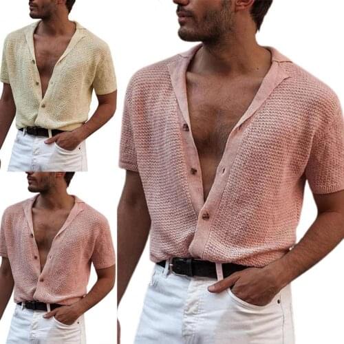 Summer Men Shirts Breathable Knitted Buttons Solid Color Knitted Summer Short Sleeve Lapel Buttons Cardigan Men Shirts 2021