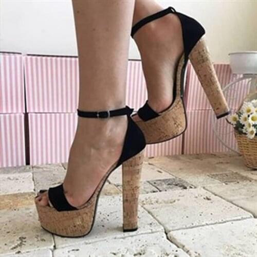 Wooden Chunky Heels Sandals Black White Red Suede Patchwork Dress Shoes High Platform Open Toe Ankle Strap Summer Dress Shoes