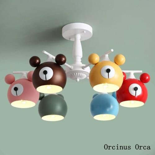 Nordic Modern Simple Colored Bear Chandelier Girls Bedroom Childrens Room Light Cartoon Creative LED Animal Suction Roof Light