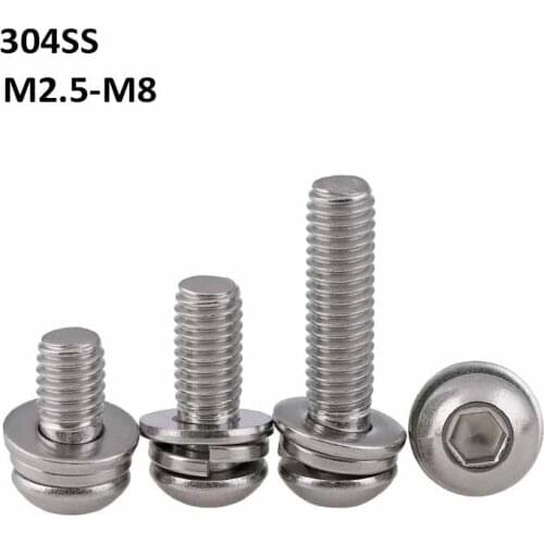 304 Stainless Steel Round/Pan Head Screws Hexagon Hex Socket Button Bolts With Flat Spring Washer Gasket Combination M2.5~M8