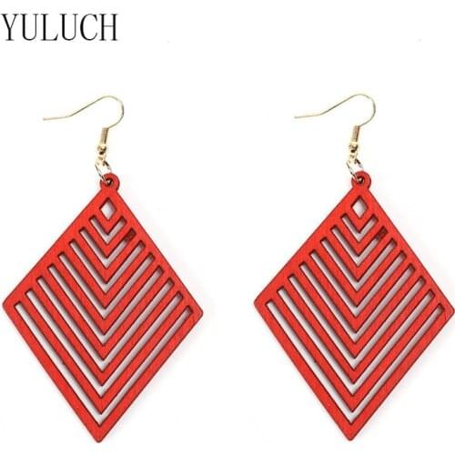 YULUCH Woman wood geometric figure pendant earrings 6 colors 1 set girl simple art hollow out wooden earring women jewelry H009