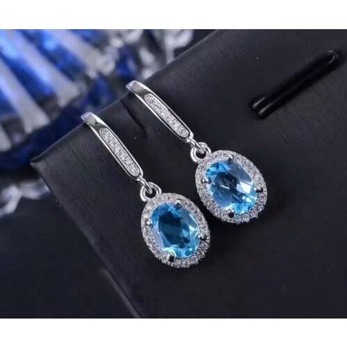 Natural blue topaz gem drop earrings 925 silver natural gemstone earrings Stylish elegant round women party Earrings jewelry