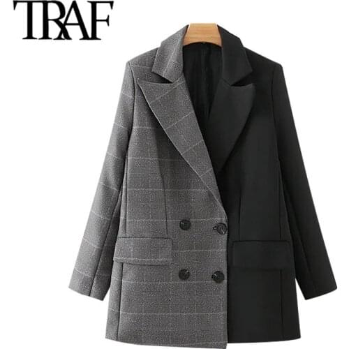 TRAF Women Fashion Double Breasted Patchwork Blazer Coat Vintage Long Sleeve Pockets Female Outerwear Chic Tops