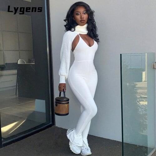 Lygens Sleeveless Jumpsuit Women Sexy Bodycon Clothes Slit Fitness Halter Backless Solid 2021 Summer Fashion Stretchy Outfits