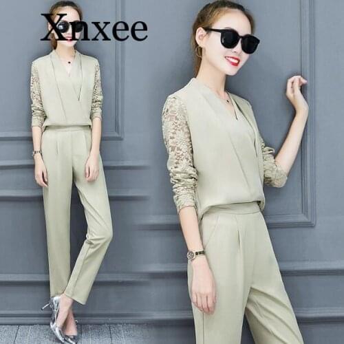 Women 2 Piece Set Women Suit Female Long Sleeve Lace Work Clothes Trousers Two-Piece Sets Foot Trousers Loose Elegant V Neck
