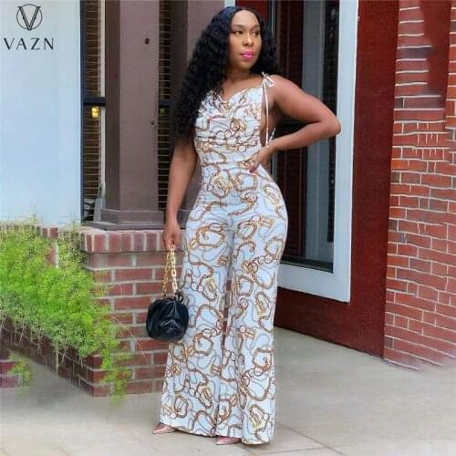 VAZN 2021 New Loose Sexy Lady Women Halter Print Party Beach Jumpsuits Full Pant Bandage Rompers