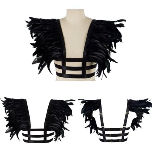Sexy Harness Fashion Belt Black Natural Feather Accessories Tops Halloween Carnival Exotic Costume Punk Goth Suspender Underwear