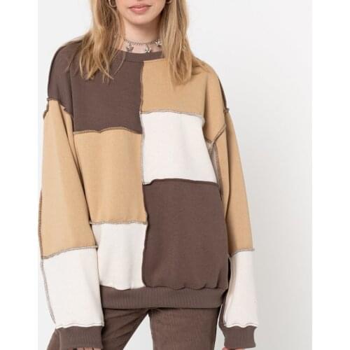 2021 Autumn Winter Women Color Block Sweater Adults Casual Long Sleeve Round Neck Patchwork Pullover Jumper Tops