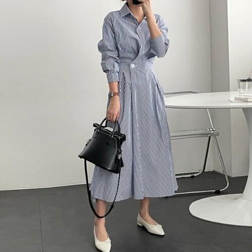 New Spring Fall Korean Chic Striped Design Elegant Temperament Wild Shirt Dress Female Full Sleeve Single Breasted Slim Dress