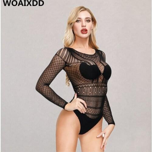 Women Sexy Lingerie Erotic Transparent Long sleeves Bodysuit Female Fishnet Hollow Out Mesh Intimates Pajamas Adult Sex Product