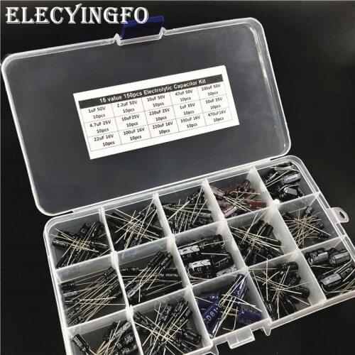 15values 150pcs 16V/25V/35V/50V (1uF to 470uF) mix Electrolytic capacitor kit with box