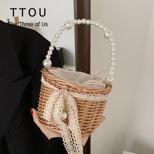 2 Pcs Straw Ratten Womens Handbag Wicker Woven Ladies Shoulder Bag Female Beach Straw Woven Bag Large-Capagcity Basket Bags