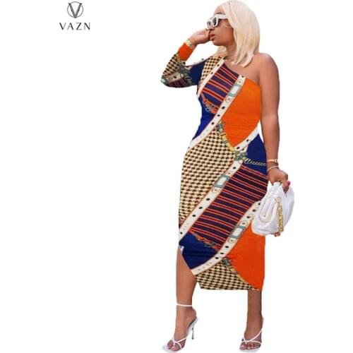 VAZN 2021 Autumn Patchwork Sexy Club Long Dress Young Elegant Full Sleeve One Off Shoulder Women Skinny Midi Dress Vestido