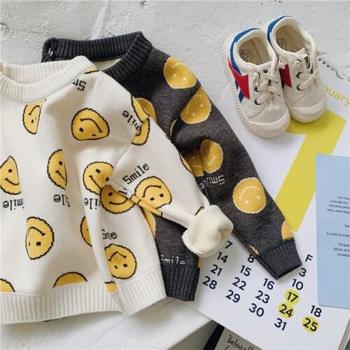 Children Winter Clothes Gary and White Child Sweater Yellow Smile Printed Add Wool Thicken Top Sweater for Child