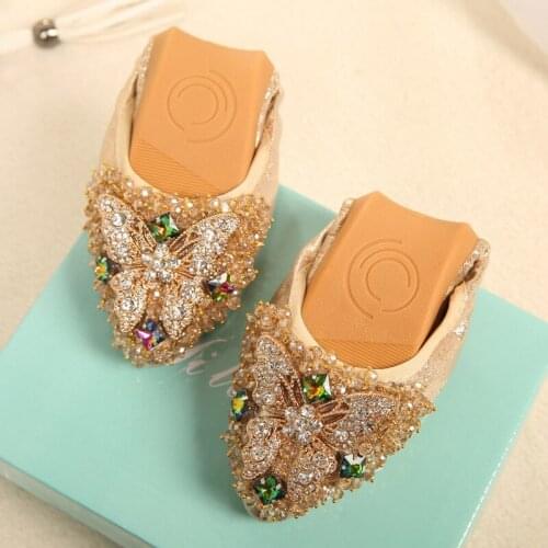 Womens Round Toe Rhinestones Crystal Bling Butterfly Flats Ballet Soft Casual Shoes Espadrille 3Colors Plus Size