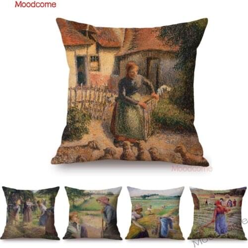 Impressionism Master Camille Pissarro Oil Painting Winter Red Roof Harvest Color Vision Art Sofa Pillow Case Linen Cushion Cover