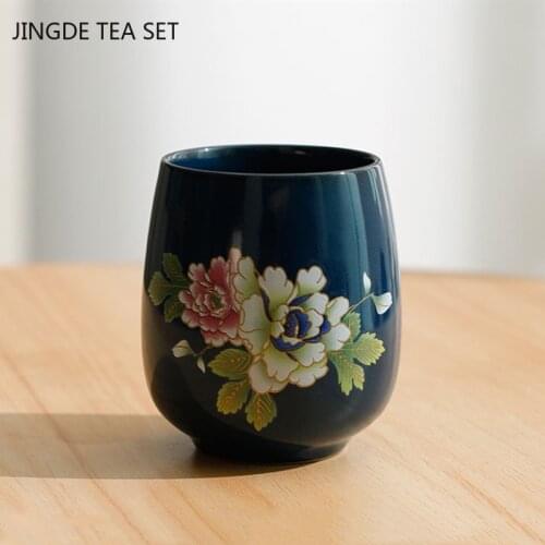 Chinese Peony Ceramic Teacup Portable Travel Large Tea Bowl Office Coffee Cup Porcelain Tea Set Accessories Master Tea Cup 170ml