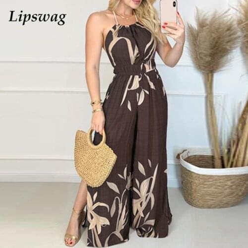 Summer Print Loose Women Jumpsuit Sexy Halter Off Shoulder Sleeveless Romper Spring Autumn Slit Wide Leg Beach Playsuit Overalls