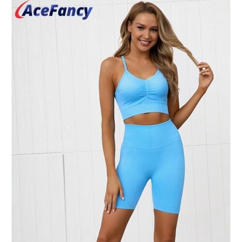 Acefancy Seamless Yoga Set Women Two Piece Push Up Yoga Crop Top Squatproof Shorts Solid Summer Shorts Tracksuit ZC2426A