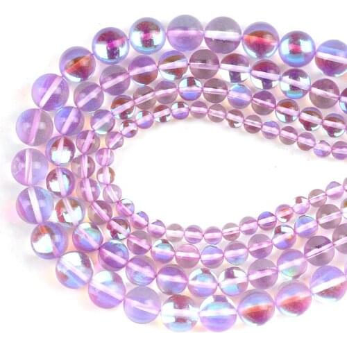 Round Light Purple Flash Crystal Glass MoonStone Glitter Loose Beads 15''6/8/10/12mm For Jewelry Making DIY Charms Bracelet