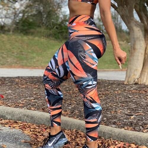 Fitness Women long Leggings Fashion Yellow leaves Print High Waist Elastic Push Up Ankle Length Leggings