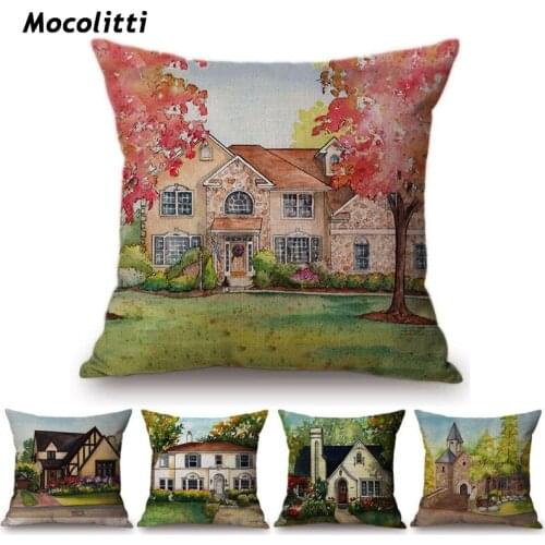 Oil Painting Beautiful European Vintage House Building Scenery Cushion Cover Nordic Countryside Landscape Decorative Pillow Case