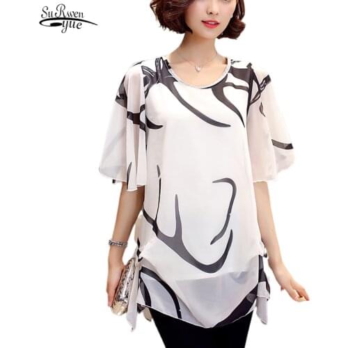 New Fashion Plus Size 4XL Chiffon Women Blouse Shirt Short Sleeve Summer Tops Print Chiffon Blouse Shirt Clothing Blusas 60A 30