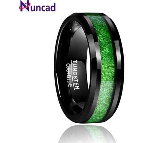 Nuncad 2018 Vintage 8mm Width Inlaid Maple Electroplated Black Tungsten Carbide Ring with Green Line Wdding Jewelry T093R