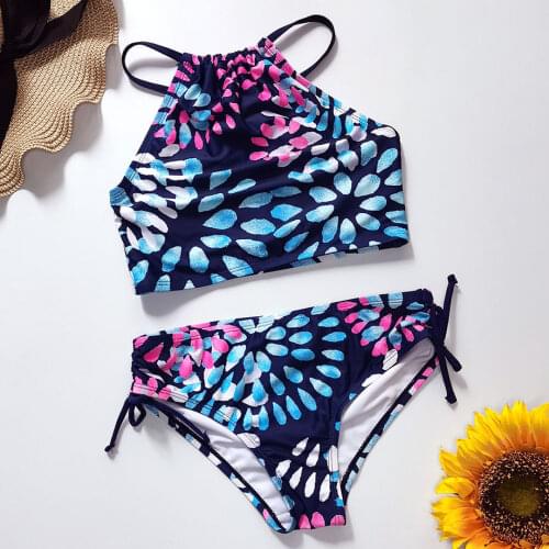 5-14 Years Floral Girl Swimsuit Kids High Neck Teenage Girl Bikini Set Two Piece Children Swimwear Cross Back Girls Bathing Suit