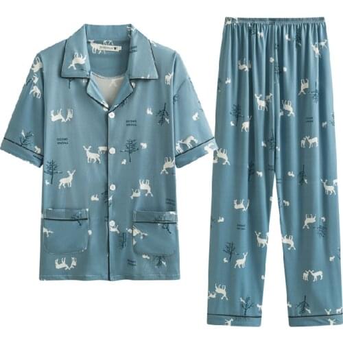 Mens Pajamas Set Summer Leisure Elastic Waist Men Sleepwear Cotton Buttons Mens Short Sleeve Nightwear Print Top Long Pant